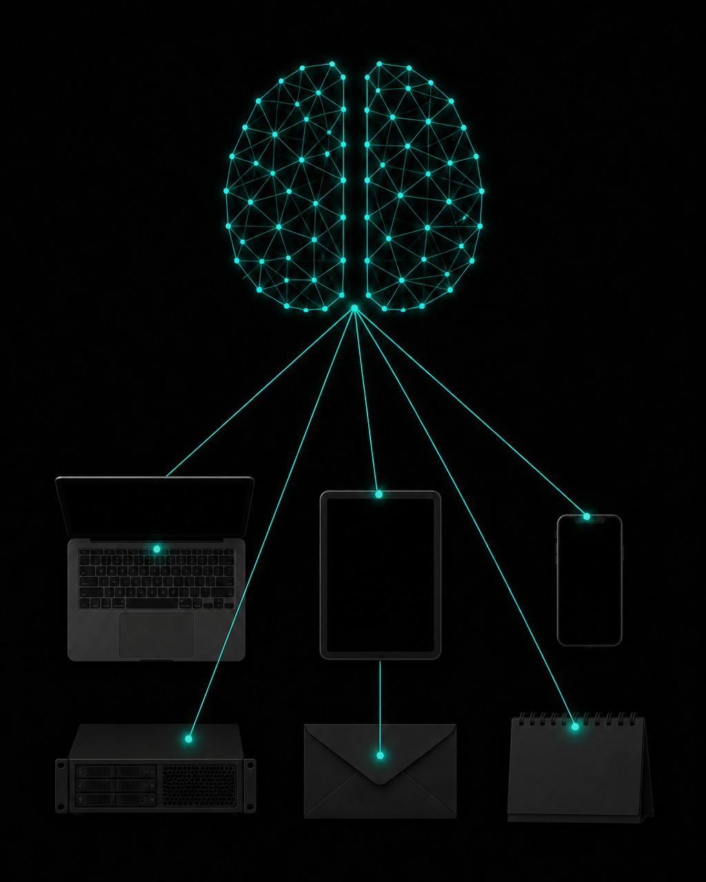 Een netwerk van licht dat een laptop, tablet, telefoon, server, e-mail en agenda met elkaar verbindt