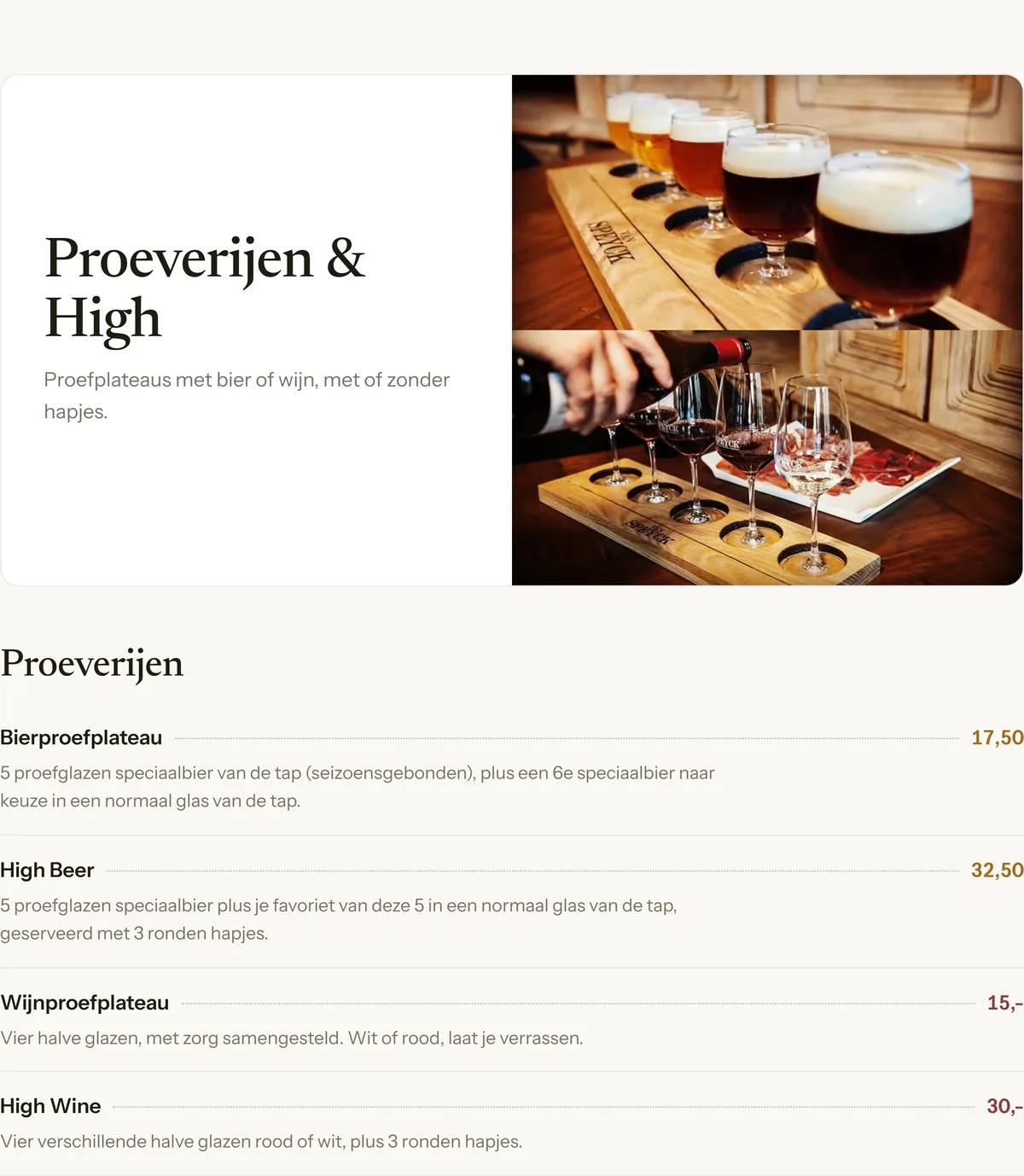 De categoriebalk boven de menukaart van Van Speyck